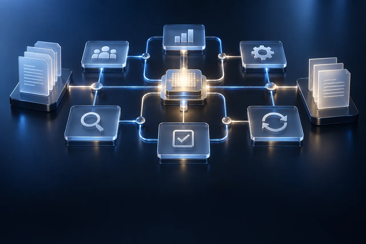 Procesos empresariales conectados mediante automatización e inteligencia artificial.