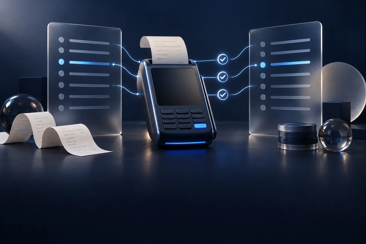 Terminal de pago y liquidaciones de tarjeta conectadas con registros internos.