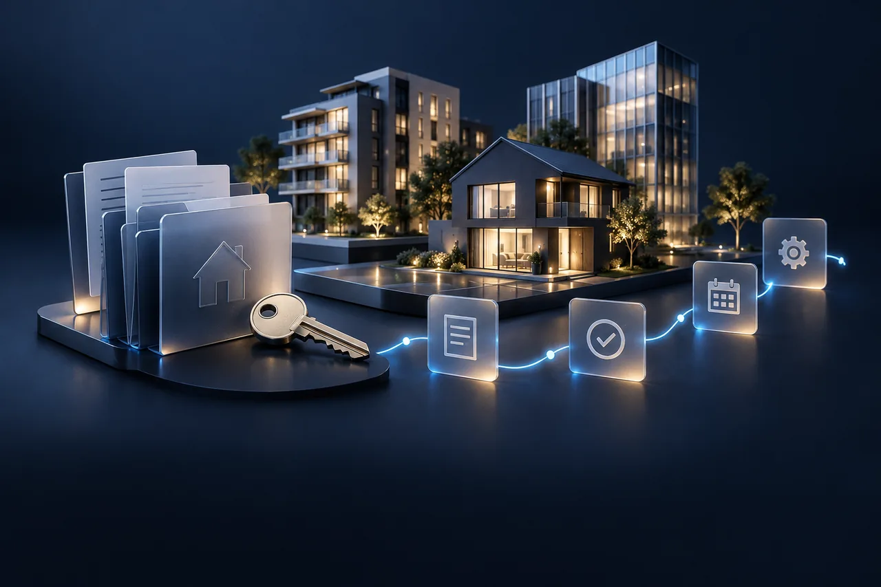 Propiedades, llaves y documentación conectadas para la gestión inmobiliaria.